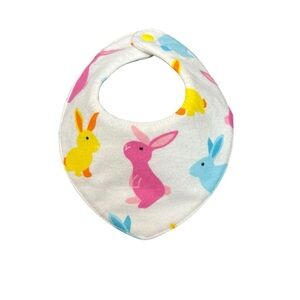 Hand Crafted Newborn Bib with snap Colorful Bunny pink blue yellow reversible